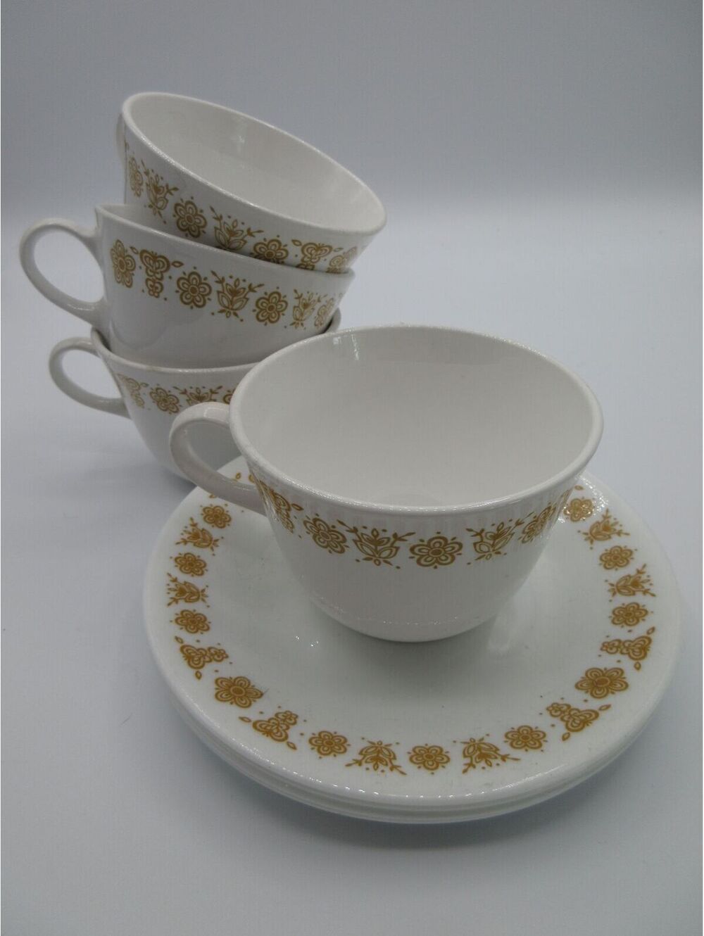88. Vintage Corelle Livingware Gold Butterfly Floral Cups & Saucers 4 sets